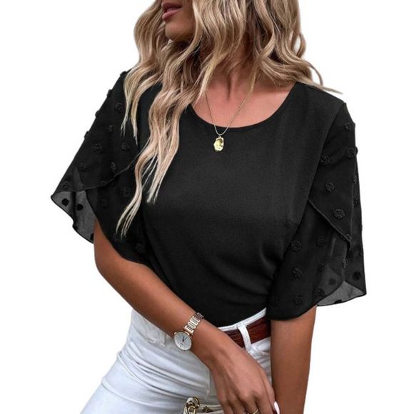 La Mode Black Swiss Dot Tulip Sleeve Boatneck Top Size L - Picture 1 of 1